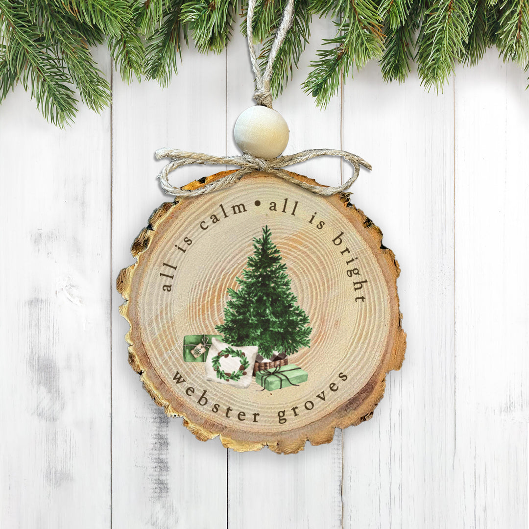 All is Calm All is Bright personalized wood ornaments with your city town custom saying