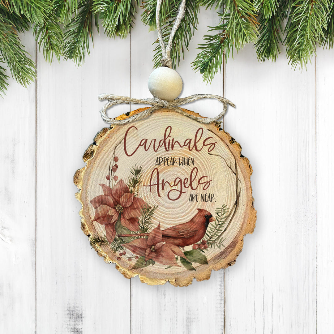 Memory ornament Cardinals memorial angels rustic wood slice ornament