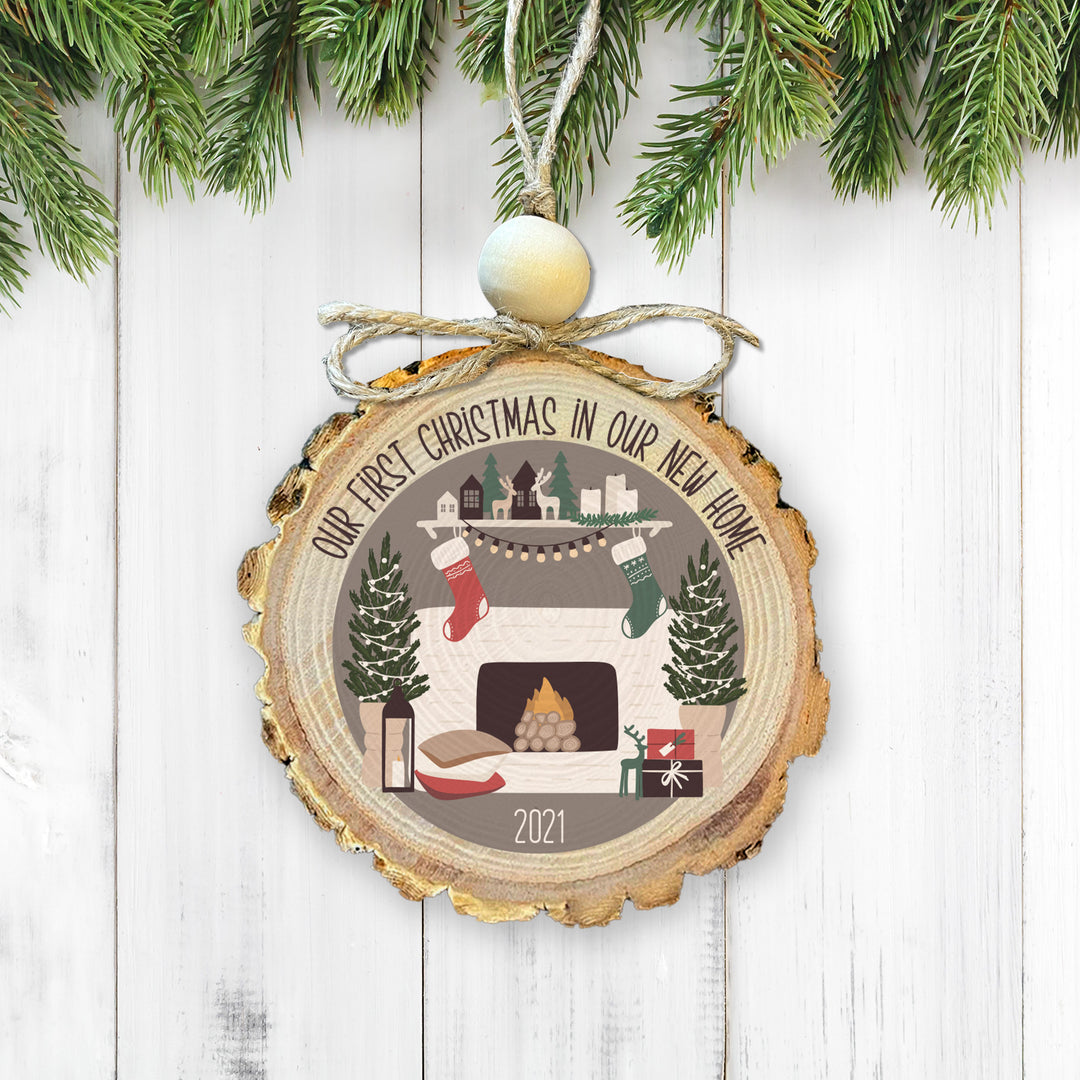 Fireplace Rustic First Christmas in our New Home Wood Slice Ornament