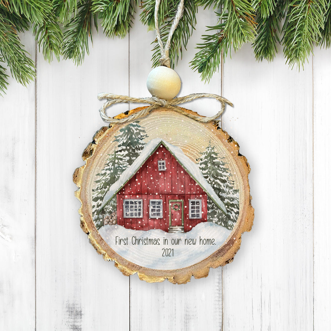 First Christmas in our New Home Wood Slice Ornament Red House