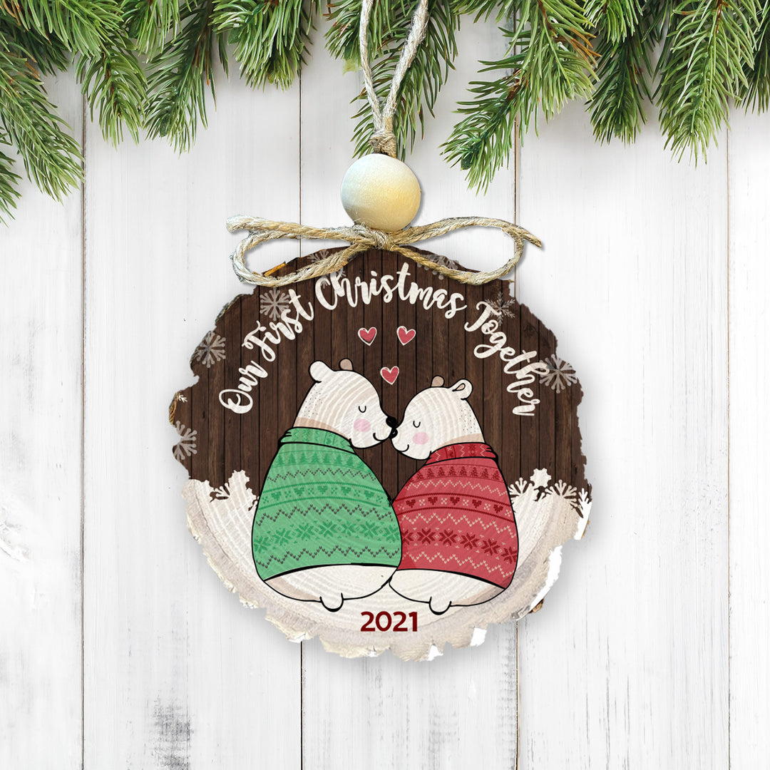 First Christmas Married Wedding Rustic Wood Slice Ornament