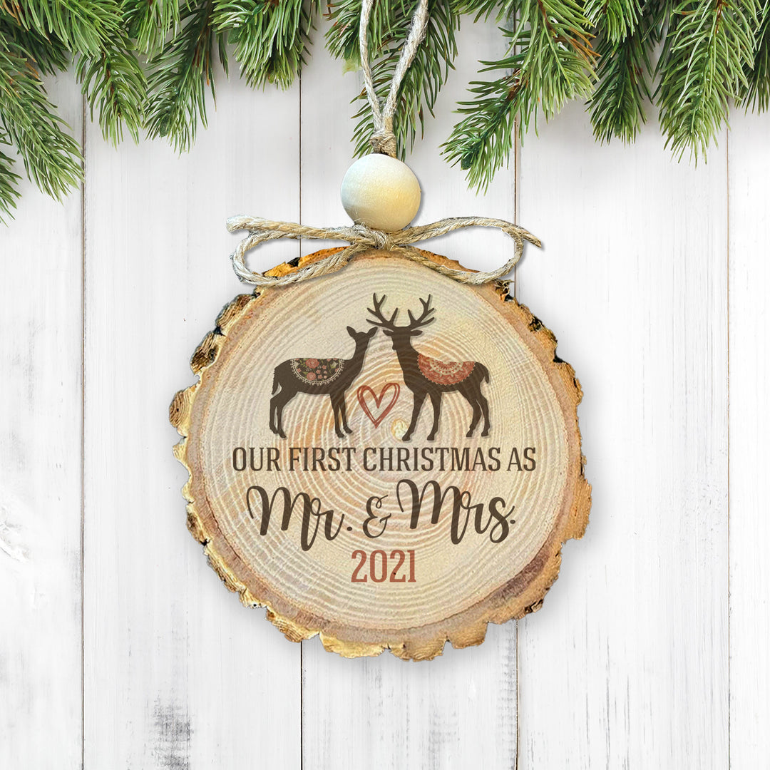 Our First Christmas Rustic Farmhouse Deer Wood Slice Ornament