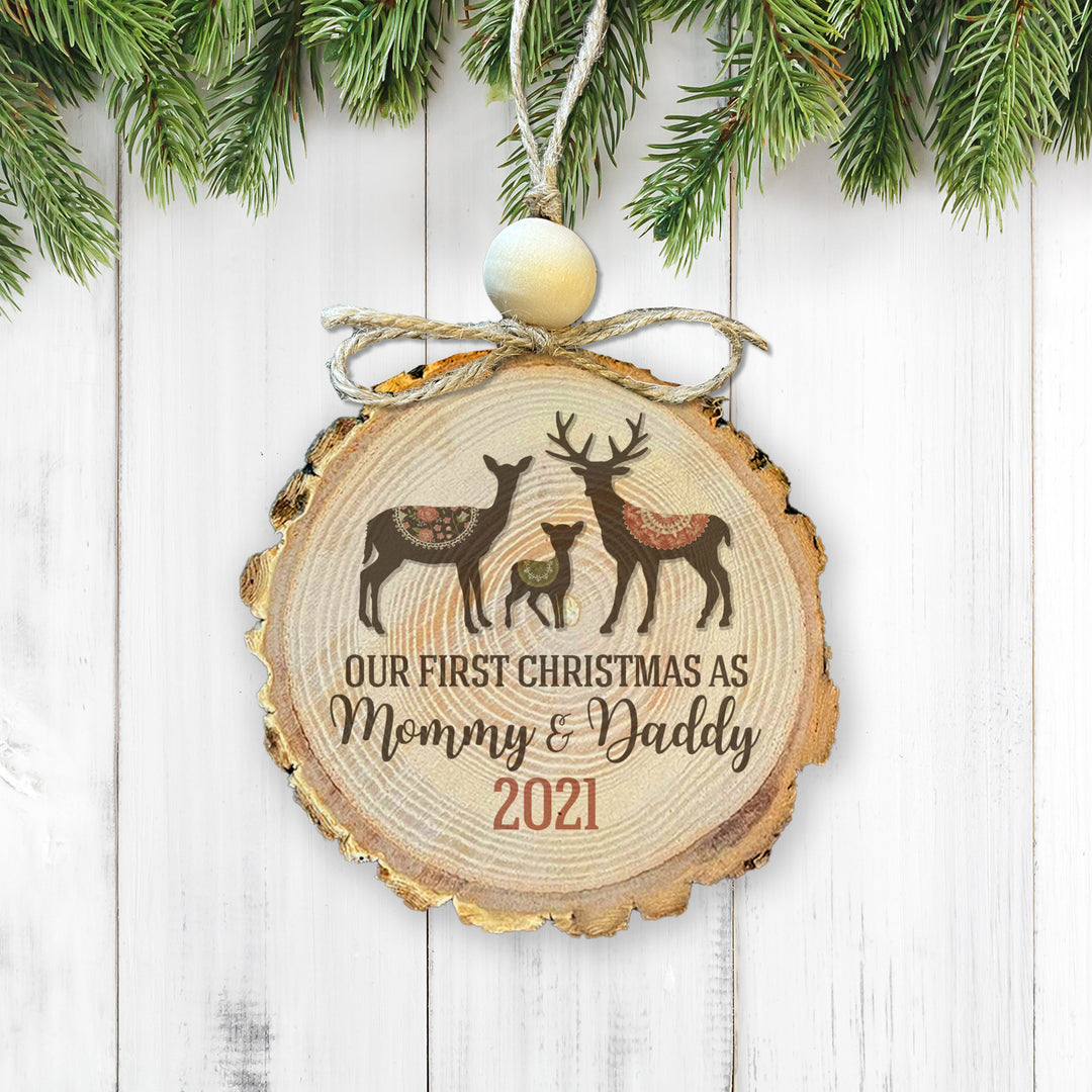 First Christmas as Mommy and Daddy Baby's First Christmas Rustic Wood Slice Ornament