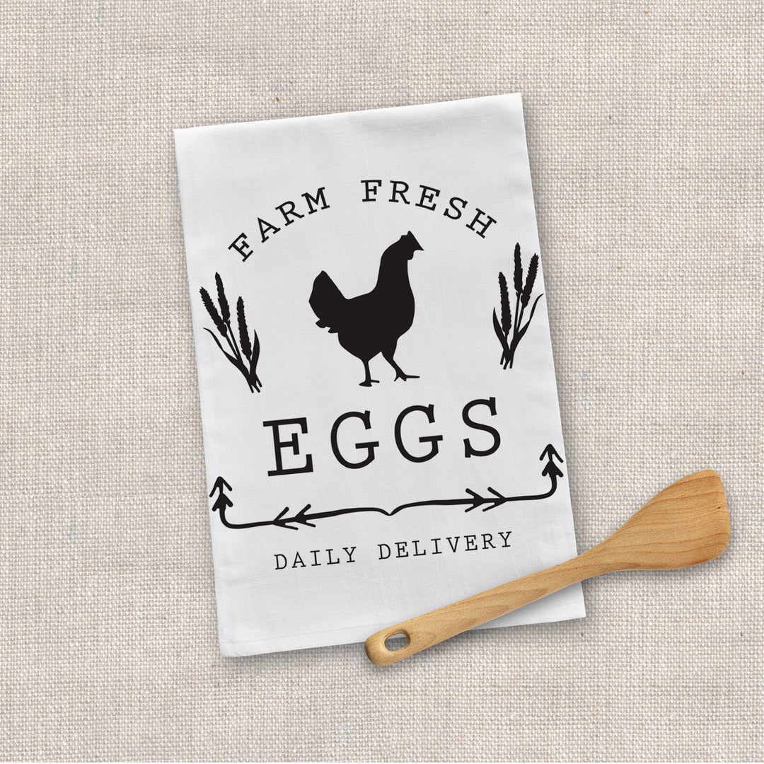 Cotton Tea towel | farm fresh eggs flour sack dish towel | chicken daily delivery kitchen towel