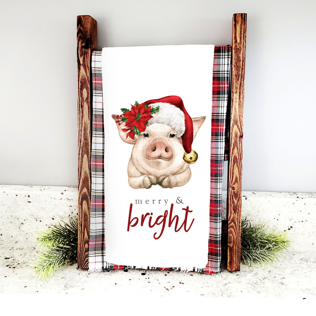 Cotton Tea towel | christmas tea towel | merry & bright dish towel | christmas pig tea towel