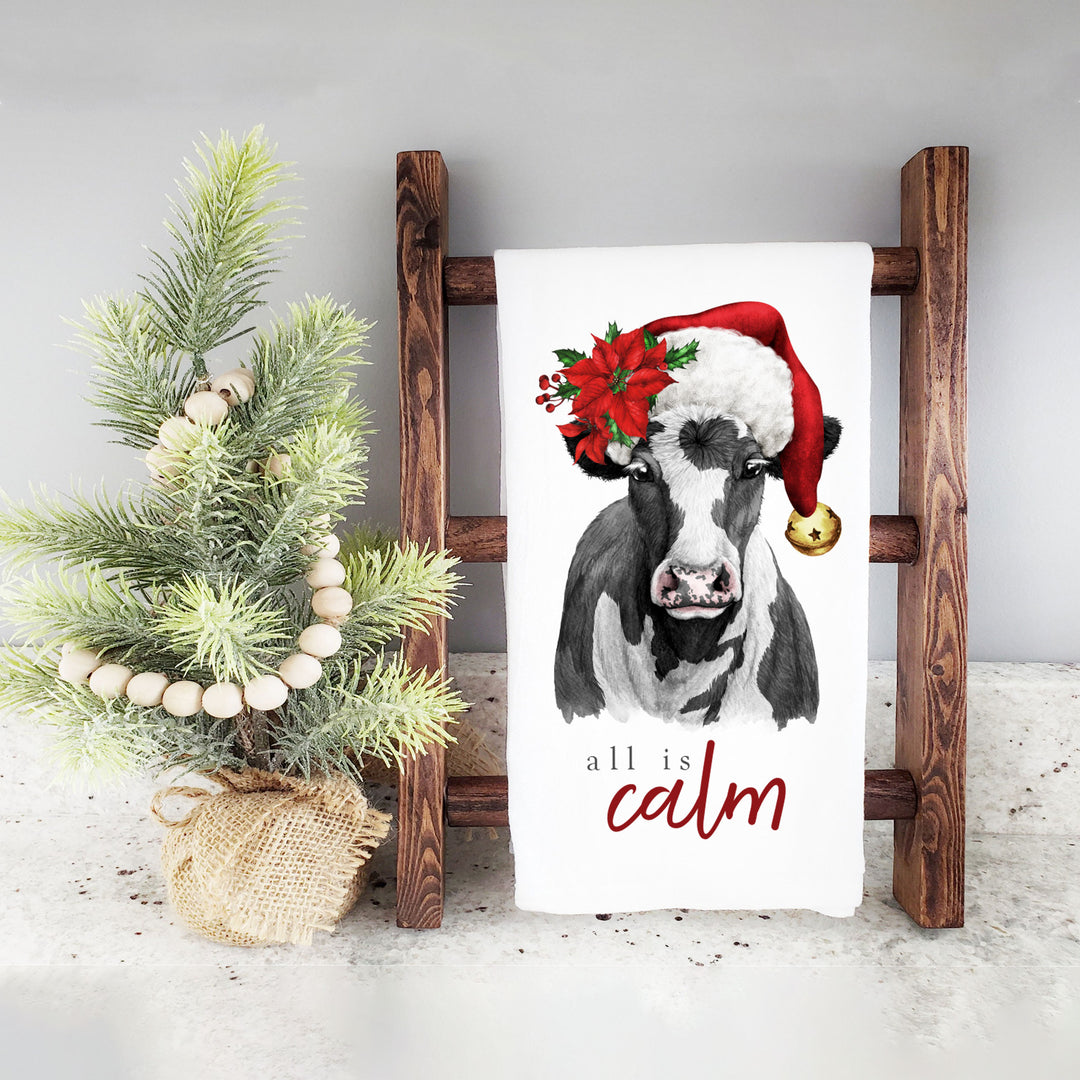 Cotton Tea towel | christmas tea towel | all is calm dish towel | christmas cow tea towel