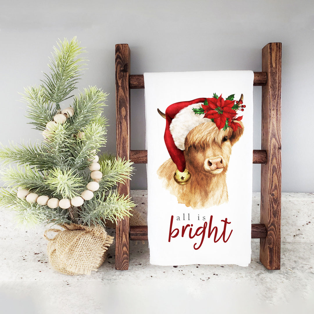 Cotton Tea towel | christmas tea towel | all is bright dish towel | christmas cow tea towel