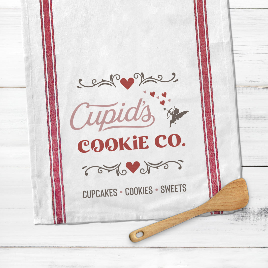 Cotton red striped Tea towel | Cupids Cookie Co. valentine's day tea towel | cupcakes cookies sweets dish towel | valentines