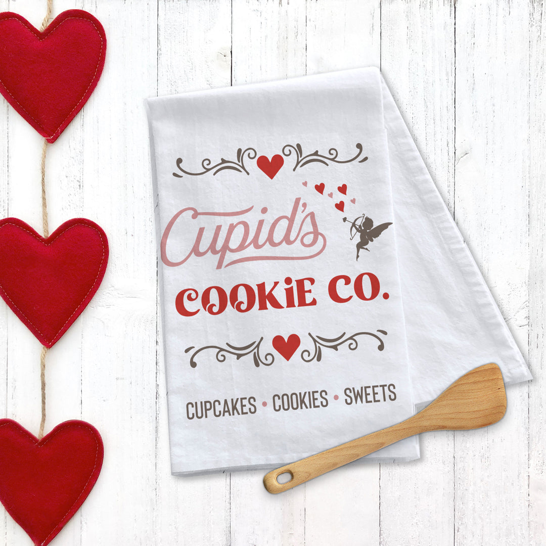 Cotton Tea towel | Cupids Cookie Co. valentine's day tea towel | cupcakes cookies sweets dish towel | valentines