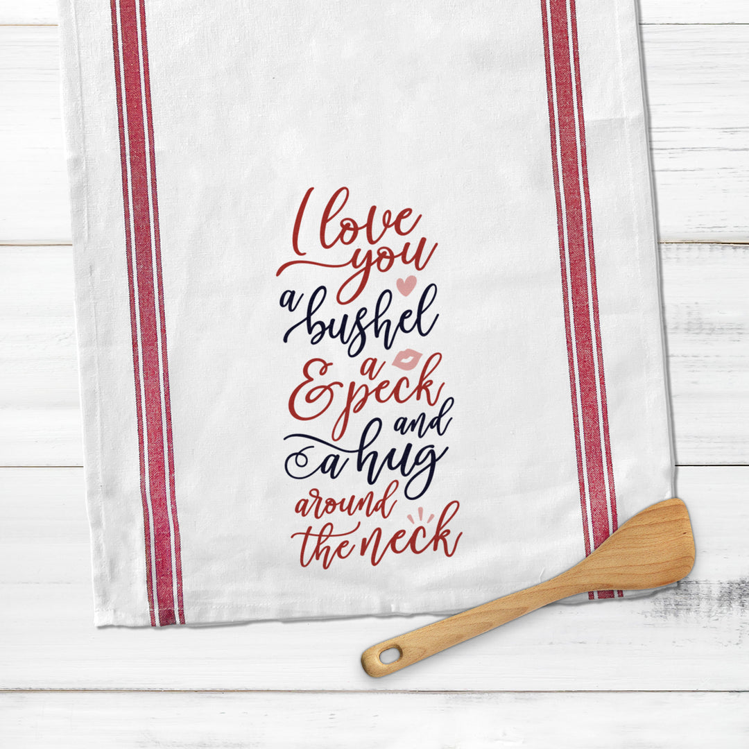 Cotton red striped tea towel | I love you valentine's day tea towel | bushel and a peck | valentines