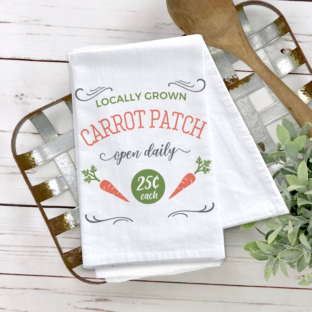 Carrot patch cotton tea towel | easter kitchen dish towel | locally grown easter decorative spring tea towel gift