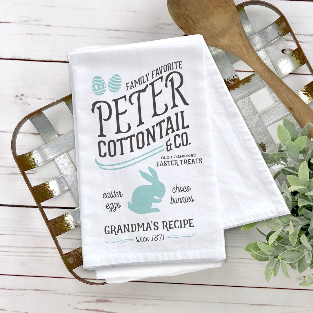 Easter cotton tea towel | peter cottontail & co. kitchen dish towel | easter egg treats choco bunnies decorative spring tea towel