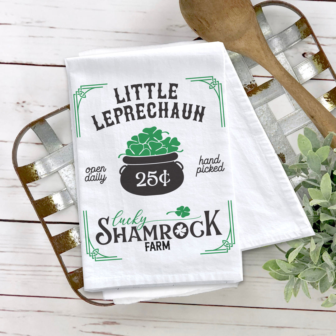 St Patrick's Day cotton tea towel | little leprechaun kitchen dish towel | irish st pats lucky shamrock farm decorative tea towel
