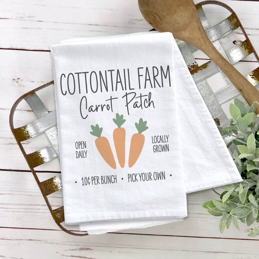 Cottontail farm cotton tea towel | easter kitchen dish towel | carrot patch easter decorative spring tea towel gift