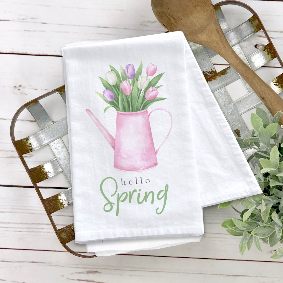 Spring cotton tea towel | hello spring easter kitchen dish towel | decorative easter decorative spring tea towel