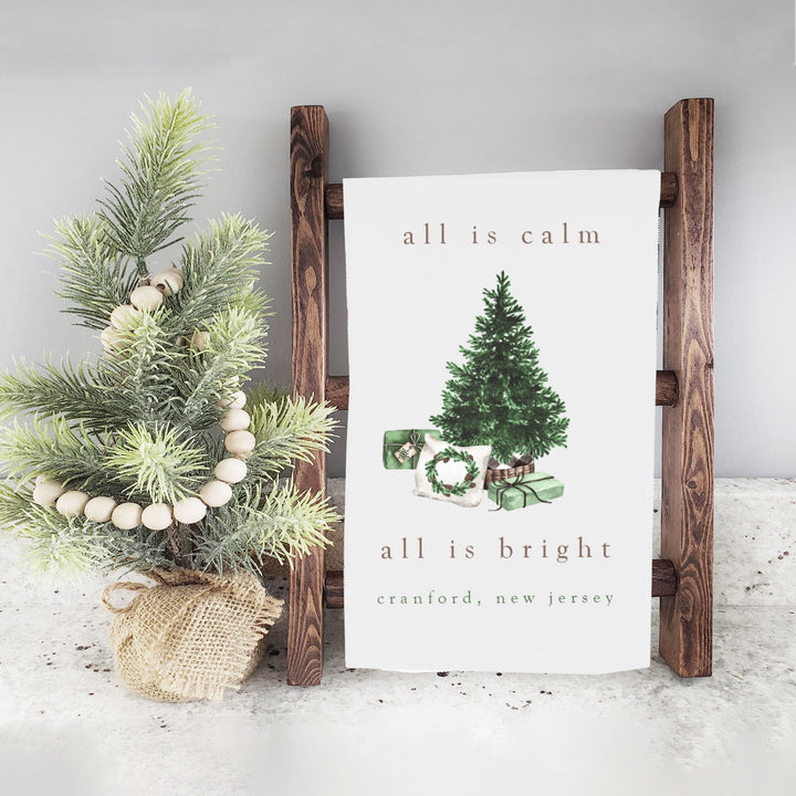 Custom christmas tea towel flour sack towel | all is calm all is bright dish towel | christmas tea towel