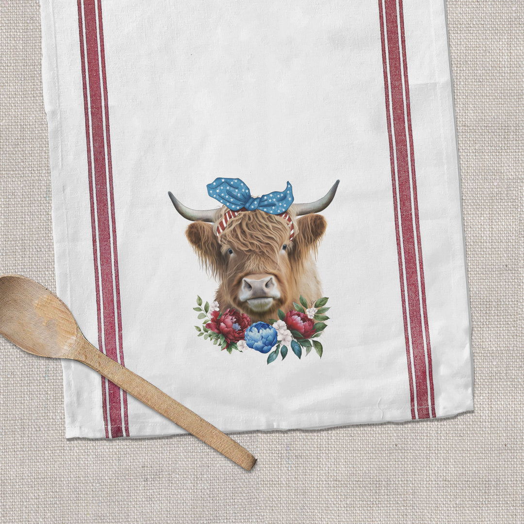 highland cow summer fourth of july patriotic tea towel can be personalized to your home town