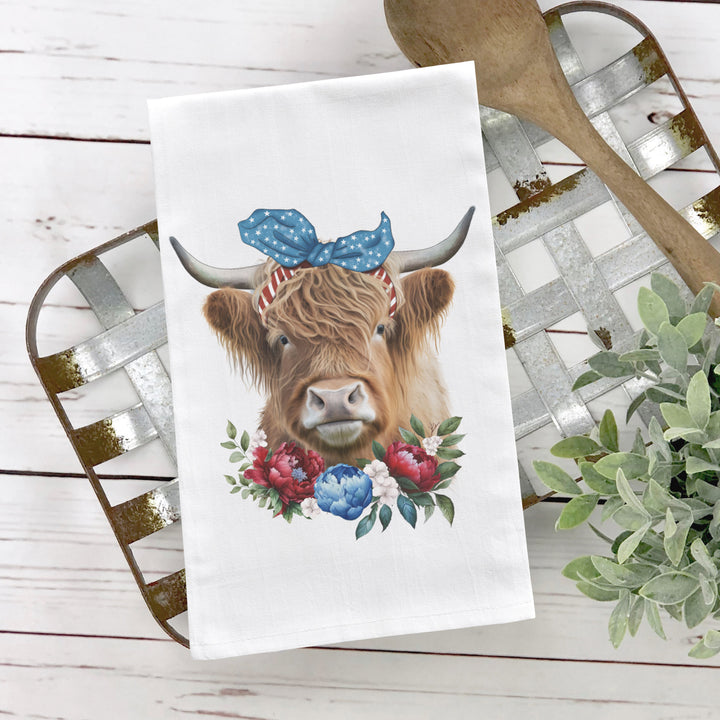 highland cow summer fourth of july patriotic tea towel can be personalized to your home town