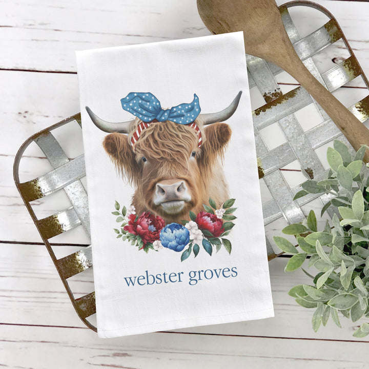 highland cow summer fourth of july patriotic tea towel can be personalized to your home town