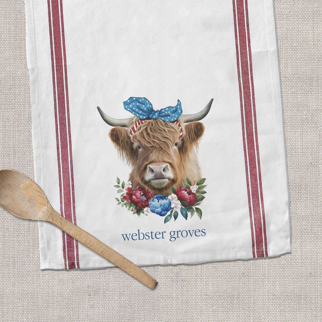 highland cow summer fourth of july patriotic tea towel can be personalized to your home town