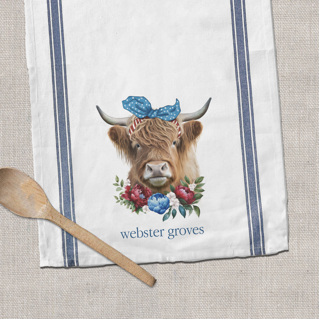 highland cow summer fourth of july patriotic tea towel can be personalized to your home town