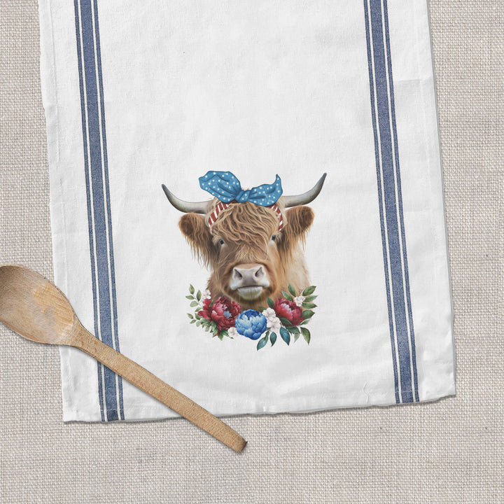 highland cow summer fourth of july patriotic tea towel can be personalized to your home town