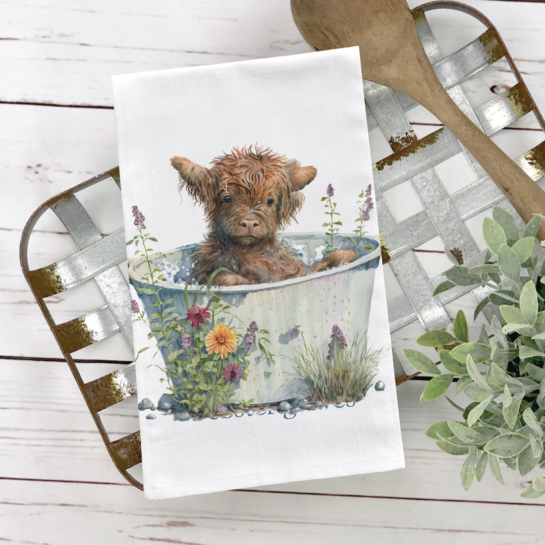 cute highland baby cow in tub summer simple tea towel optional personalization