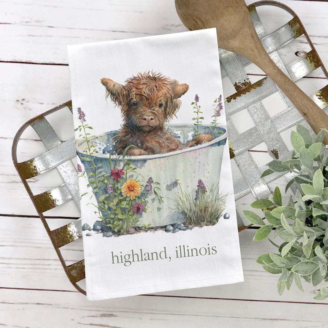 cute highland baby cow in tub summer simple tea towel optional personalization