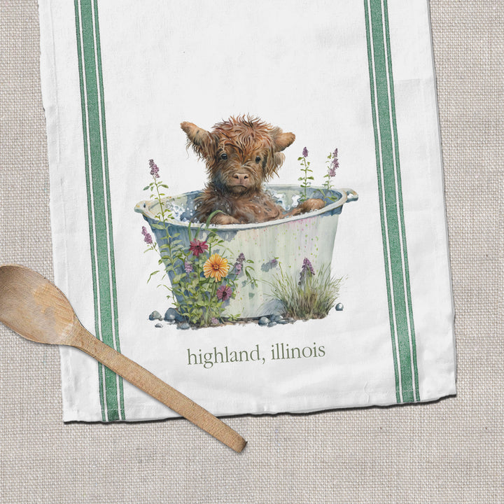 cute highland baby cow in tub summer simple tea towel optional personalization