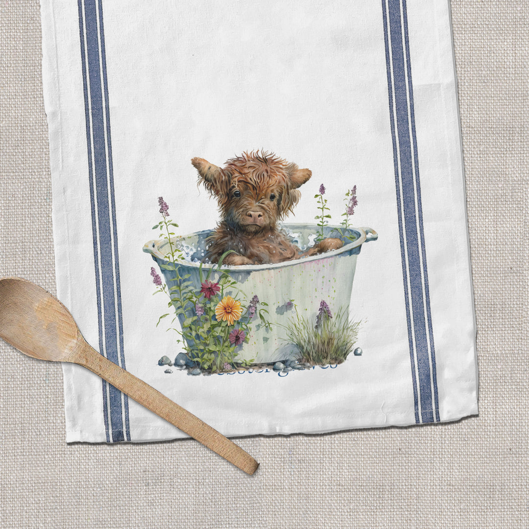 cute highland baby cow in tub summer simple tea towel optional personalization