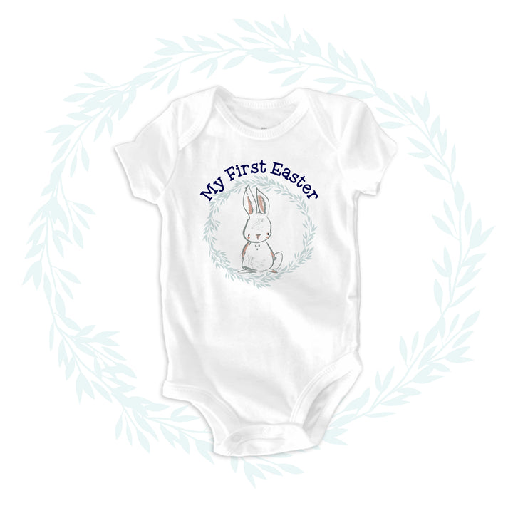 My First Easter bodysuit | boy bunny Easter bodysuit | soft blue leafy wreath first Easter onesie