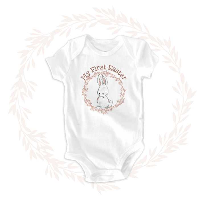 My First Easter bodysuit | girl bunny Easter bodysuit | soft pink leafy wreath first Easter onesie