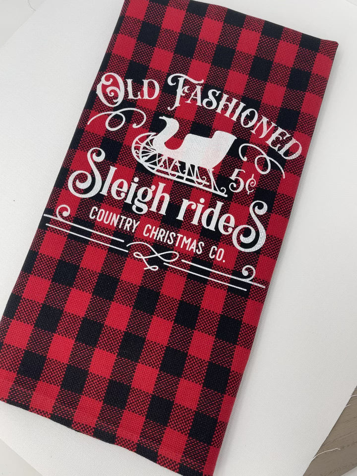 Buffalo plaid red black Cotton Tea towel | christmas tea towel | sleigh rides old fashioned dish towel | christmas tea towel