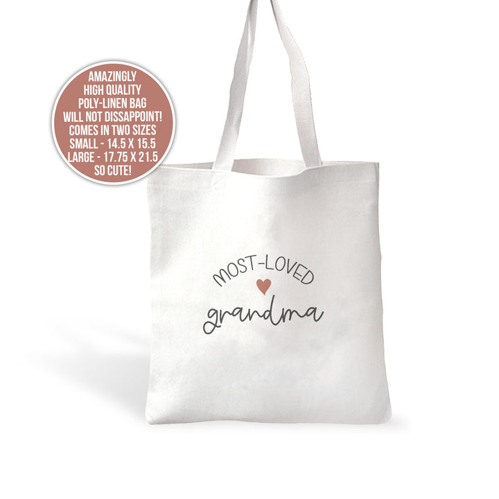 Grandma tote bag | most-loved grandma linen textured tote | sweet valentine, mothers day, or birthday gift