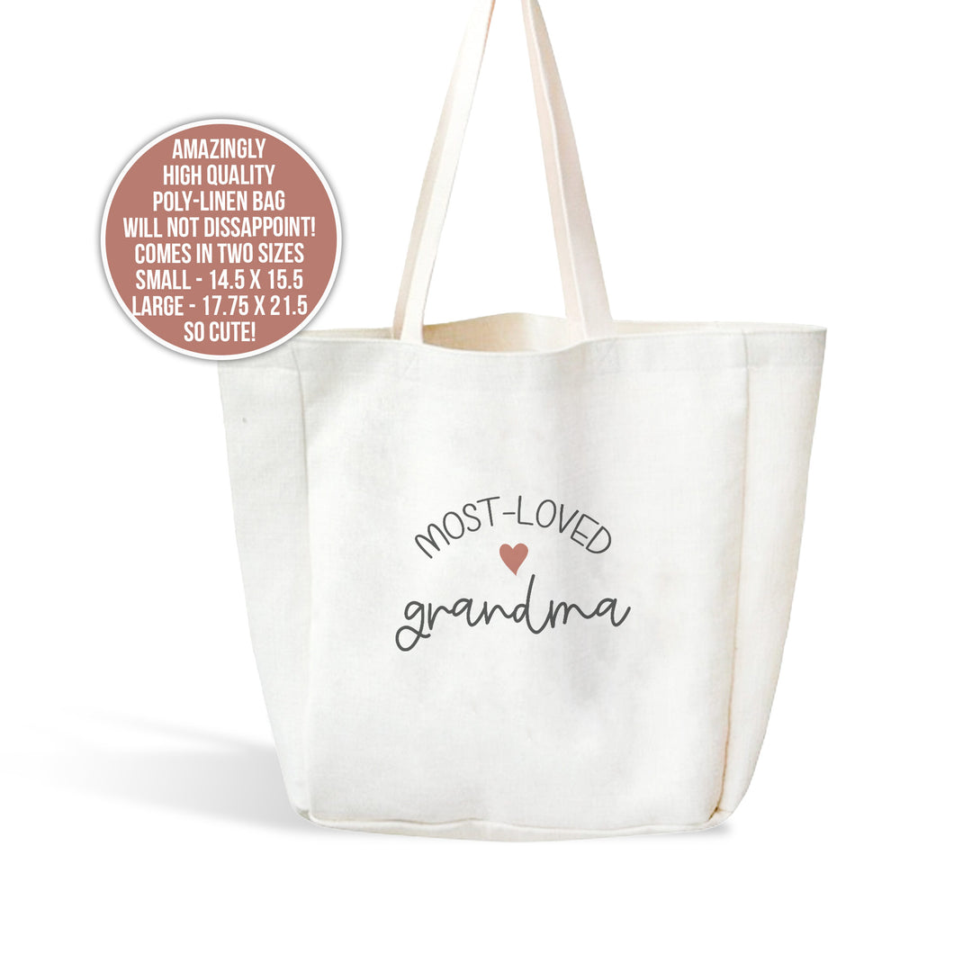 Grandma tote bag | most-loved grandma linen textured tote | sweet valentine, mothers day, or birthday gift