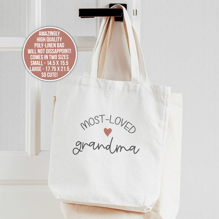 Grandma tote bag | most-loved grandma linen textured tote | sweet valentine, mothers day, or birthday gift