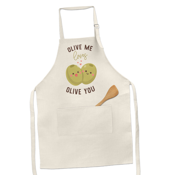 Linen Adult Bib Apron | olive me loves olive you apron | funny valentine's day | all of me valentine double pocket apron