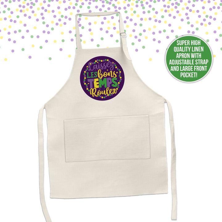 Linen Adult Bib Apron | Mardi Gras apron | laissez les bons temps rouler | let the good times roll double pocket apron