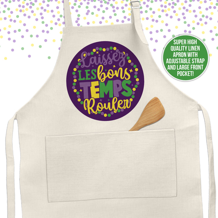 Linen Adult Bib Apron | Mardi Gras apron | laissez les bons temps rouler | let the good times roll double pocket apron