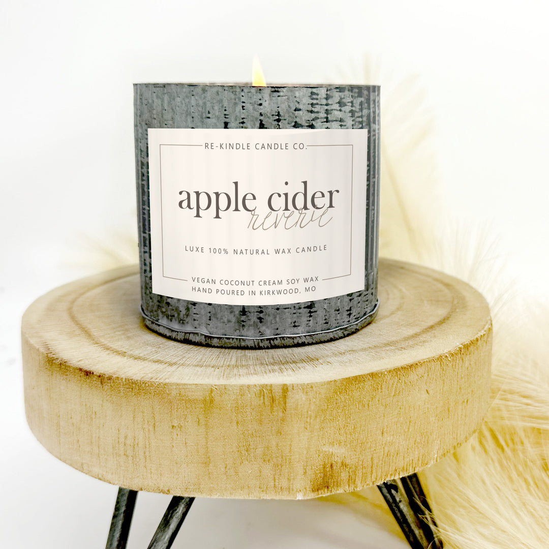 Apple Cider Reverie Candle in Rustic Tin - Apple, Cinnamon, Vanilla - Autumn Scent - Handcrafted luxury vegan hand-poured fall candles apple