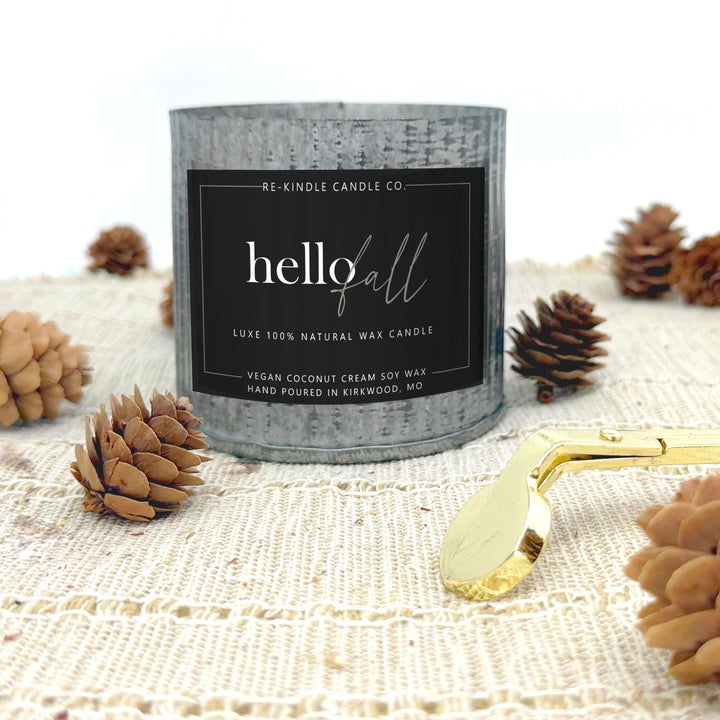 Hello Fall Candle in Rustic Tin - Apple, Cinnamon, Vanilla - Autumn Scent