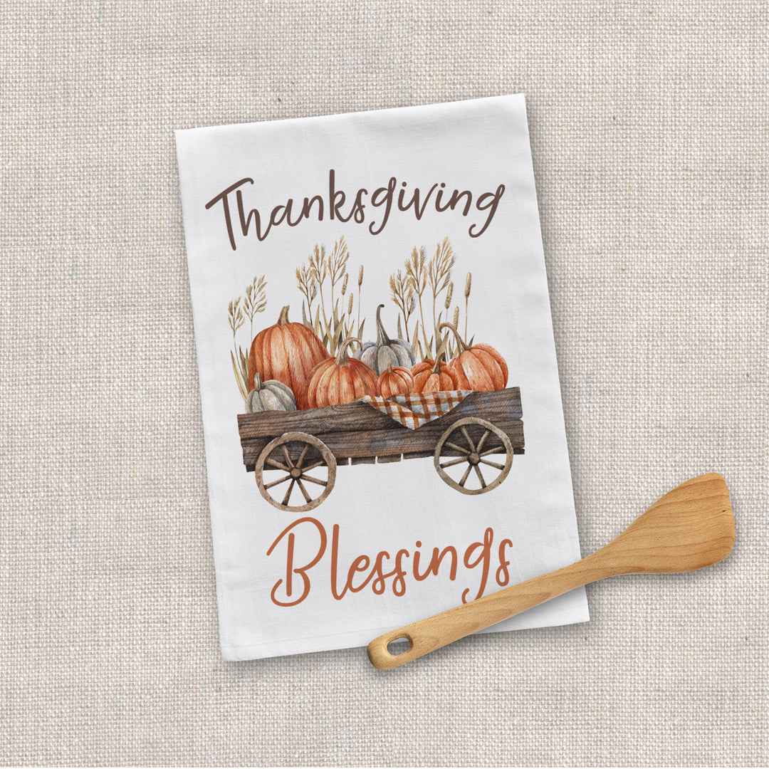 Cotton Tea towel | fall tea towel | Thanksgiving Blessings pumpkins dish towel | autumn pumpkins tea towel