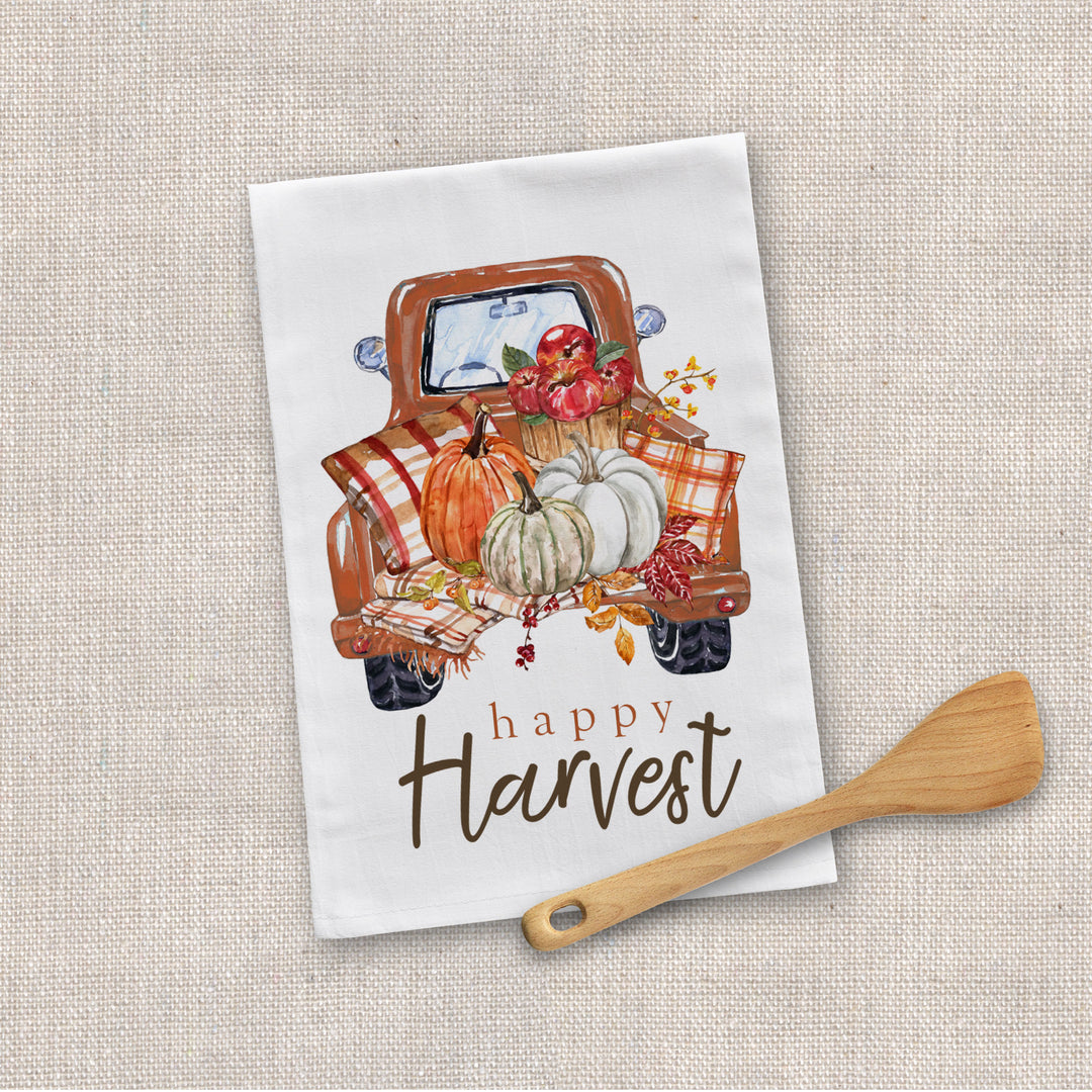 Cotton Tea towel | fall tea towel | vintage pickup truck with pumpkins dish towel | autumn pumpkins tea towel