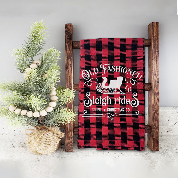 Buffalo plaid red black Cotton Tea towel | christmas tea towel | sleigh rides old fashioned dish towel | christmas tea towel