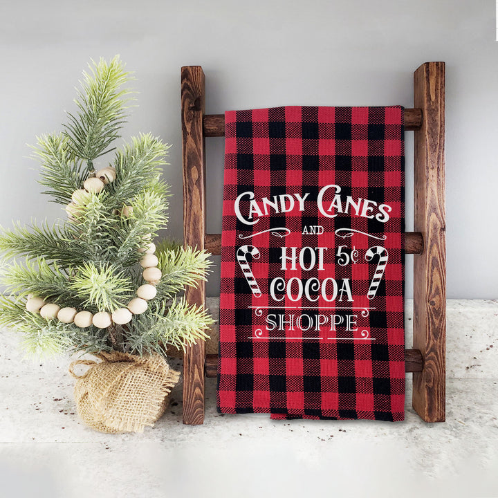 Buffalo plaid red black Cotton Tea towel | christmas tea towel | candy canes and hot cocoa dish towel | christmas tea towel