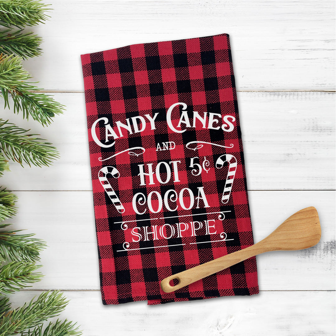 Buffalo plaid red black Cotton Tea towel | christmas tea towel | candy canes and hot cocoa dish towel | christmas tea towel