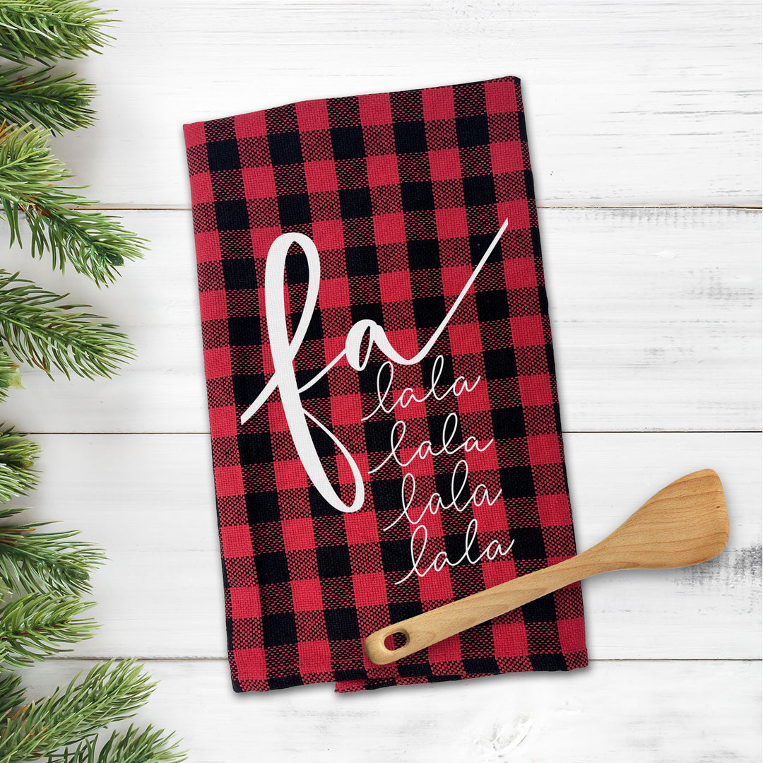 Buffalo plaid red black Cotton Tea towel | christmas tea towel | fa la la la la dish towel | christmas tea towel