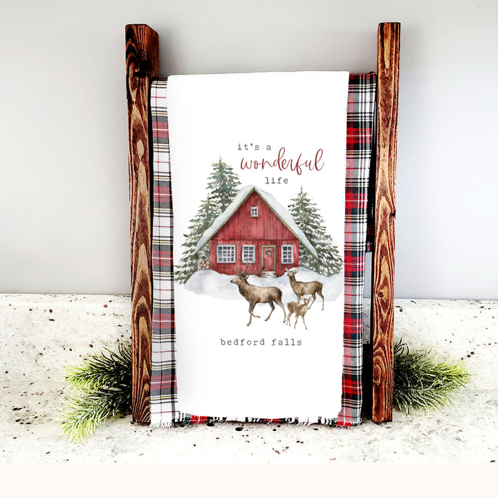 Custom hometown Christmas tea towel "it's a wonderful life" deer watercolor tea towel