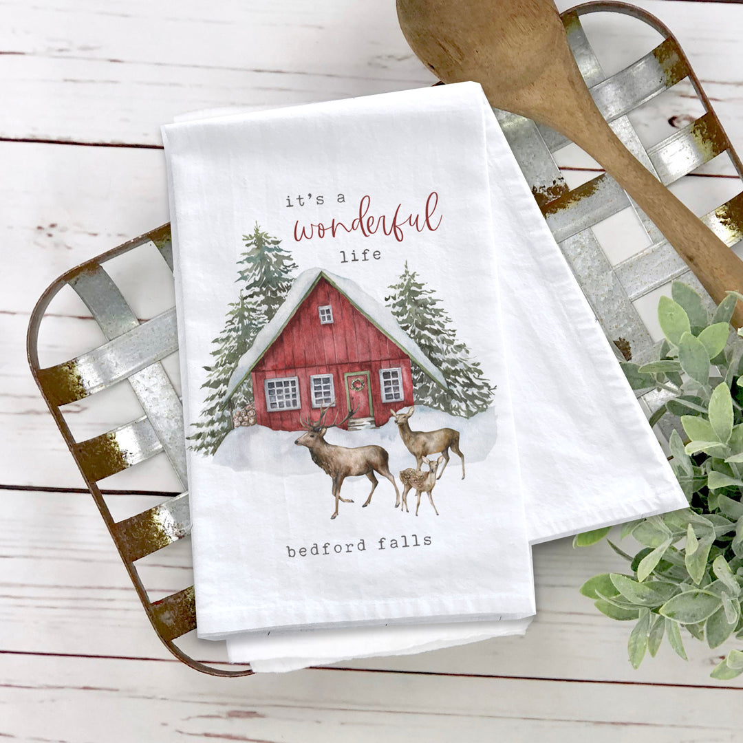 Custom hometown Christmas tea towel "it's a wonderful life" deer watercolor tea towel