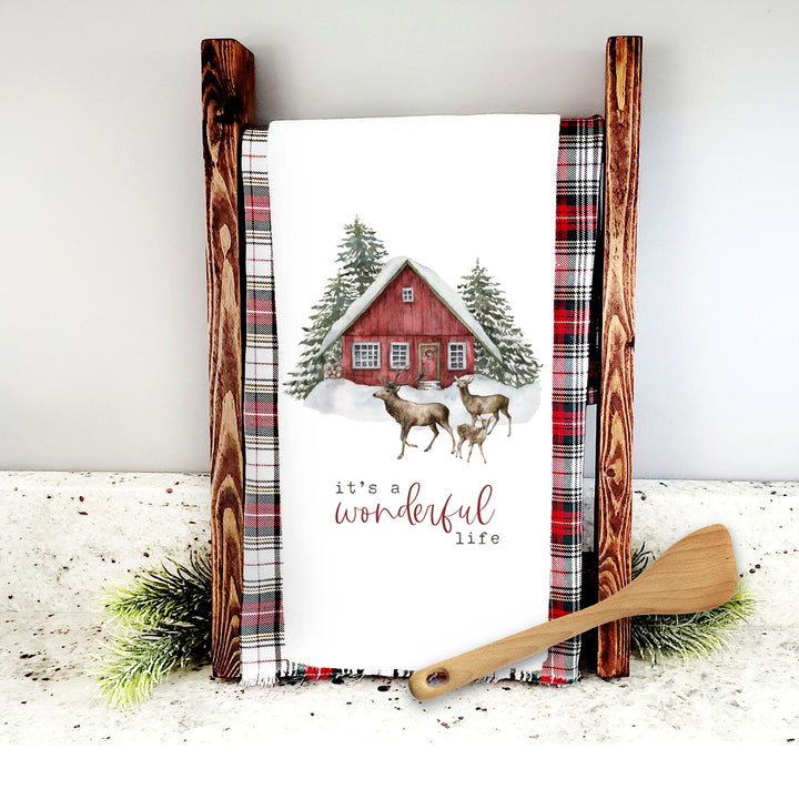 Simple pretty Christmas tea towel "it's a wonderful life" deer watercolor tea towel